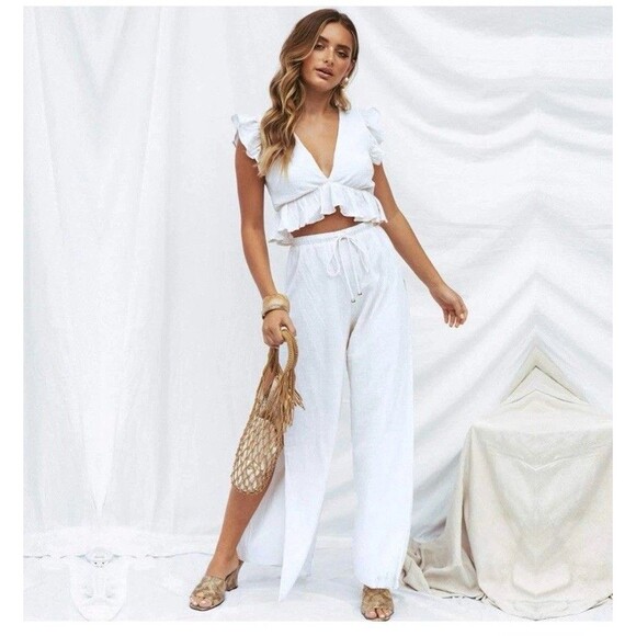 FANCYINN Womens Large Outfit Crop Top Side Slit Wide Leg Pants Set Beach - Picture 1 of 10